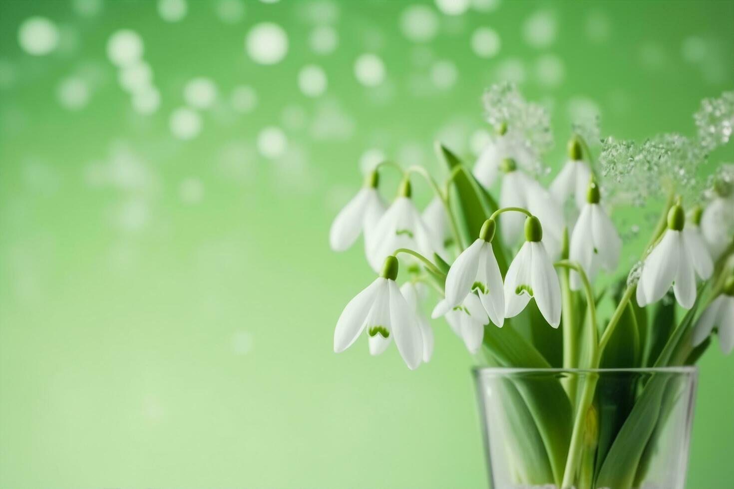 AI generated a bouquet of snowdrops in a transparent tequila glass. splashes of water on petals. first spring flowers. forest. hello spring. women's day concept. green blur background. generative ai. photo