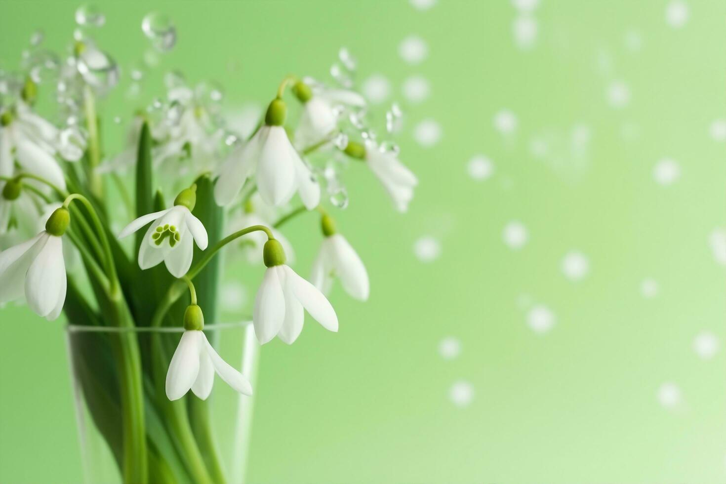 AI generated a bouquet of snowdrops in a transparent tequila glass. splashes of water on petals. first spring flowers. forest. hello spring. women's day concept. green blur background. generative ai. photo