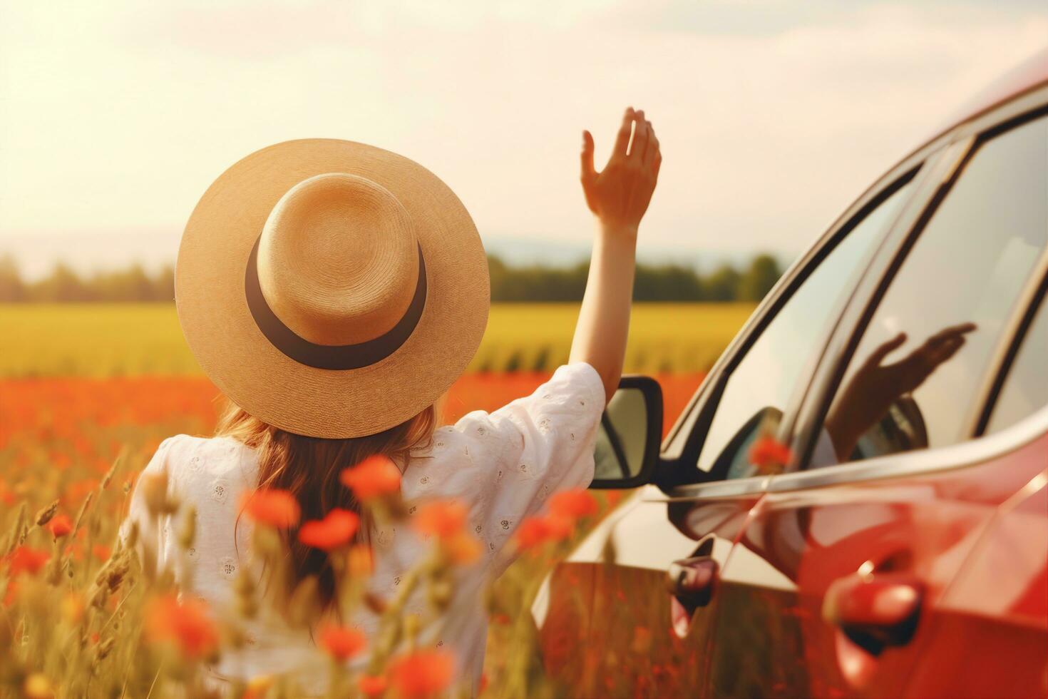 AI generated Summertime, summer fun, enjoying, relaxing, tourism, travel, leisure time, vacation mode, happiness concept. Woman enjoying summer vacation. Hands holding hat out of car window. photo
