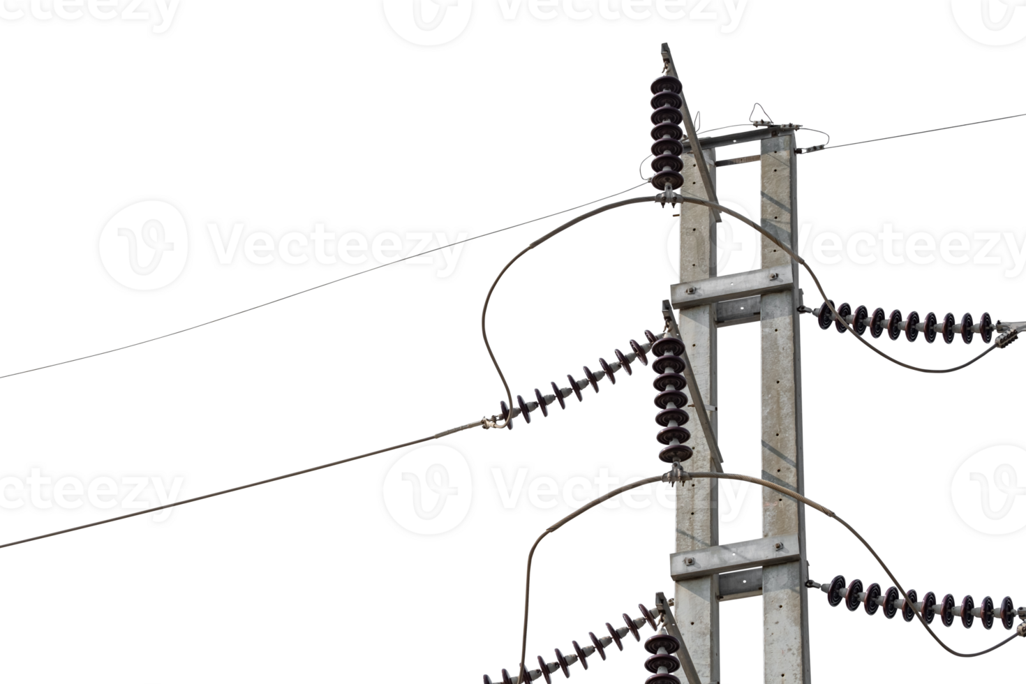 High Electric pole isolated on transparent background. Concrete power lines, Electric power transmission. Utility pole Electricity concept. High voltage tower wires, copy space png