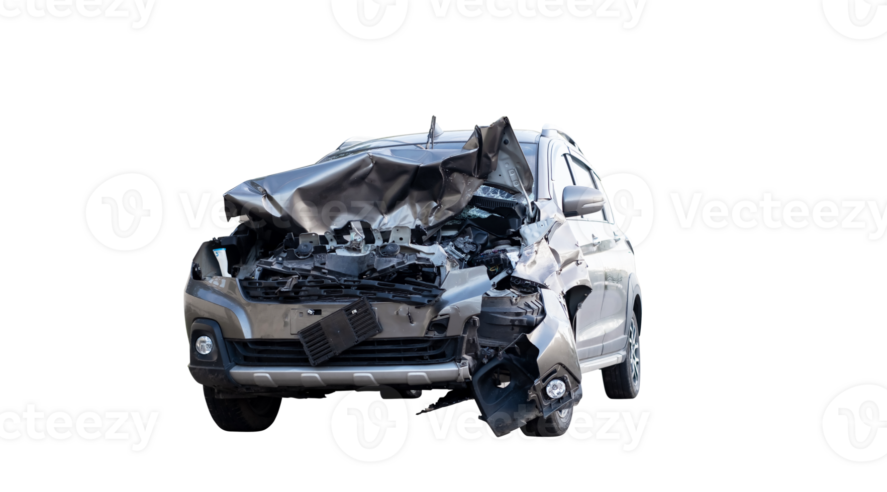 Front and side of new bronze car get damaged by accident on the road. damaged cars after collision. isolated on transparent background, car crash bumper graphic design element, PNG File