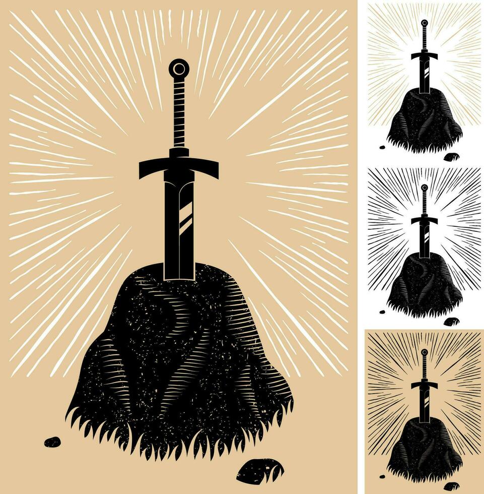 excalibur grabado en linóleo conjunto vector