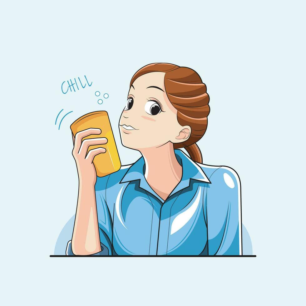 contento tiempo. un sonriente joven mujer sabores un vaso de frío agua. vector ilustración