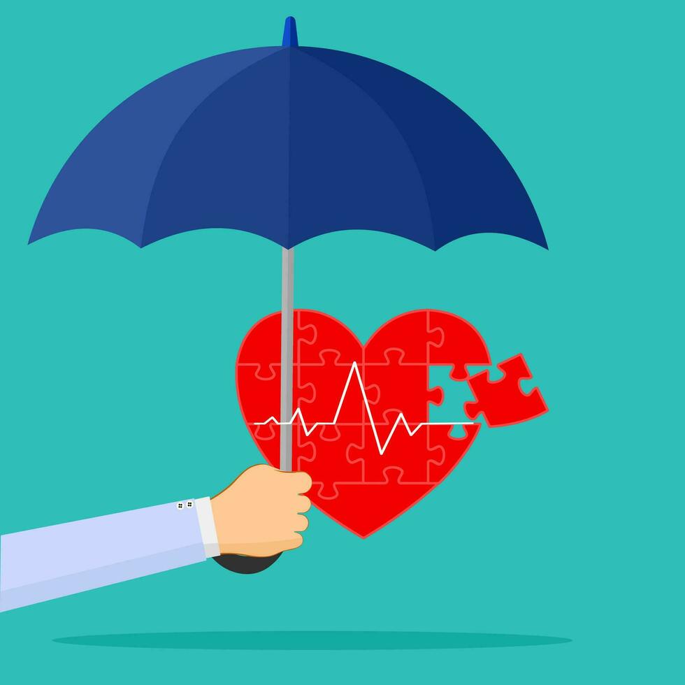 The doctor is holding an umbrella to protect the heart. The concept of prevention of medical care. Vector illustration