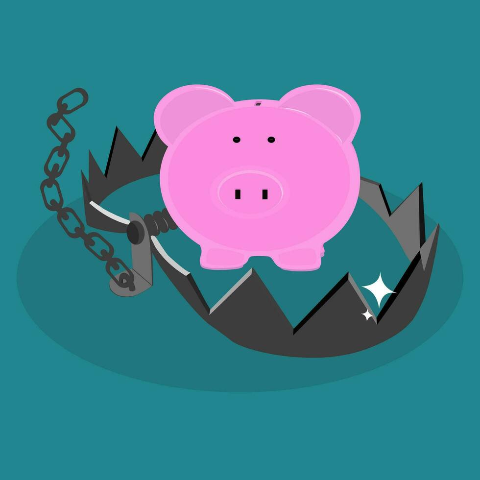 Pig piggy bank is trapped in a trap. The concept of saving money in the wrong way vector