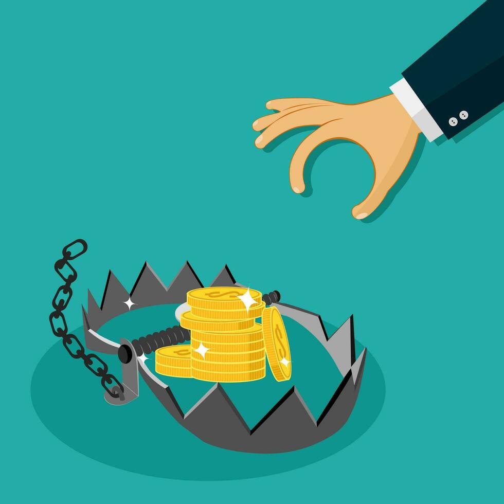 Money Trap.People Hand Going To Take Dollar Coins On Bear Trap. vector illustration