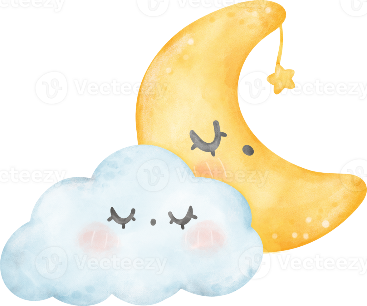 Blue cloud and moon watercolor png