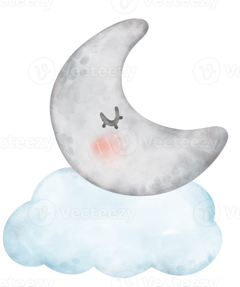 Blue cloud and moon watercolor png