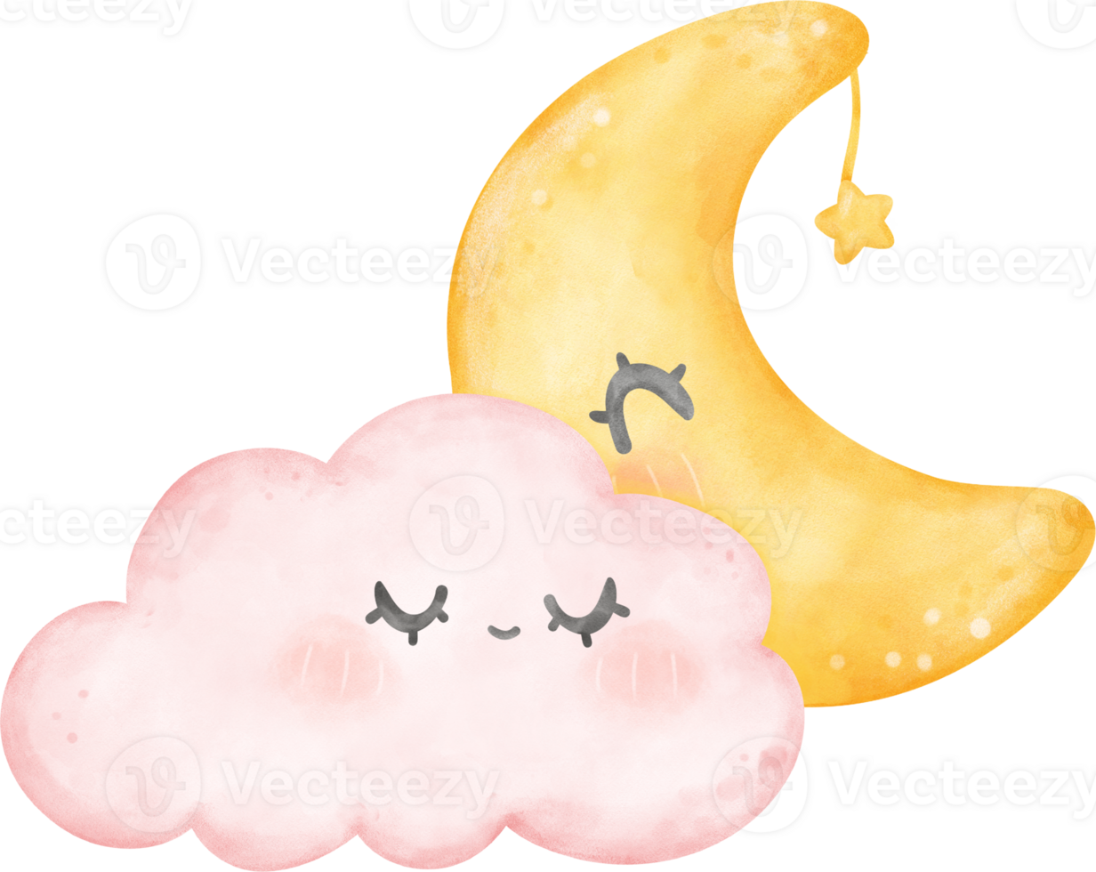 Pink cloud and moon watercolor png