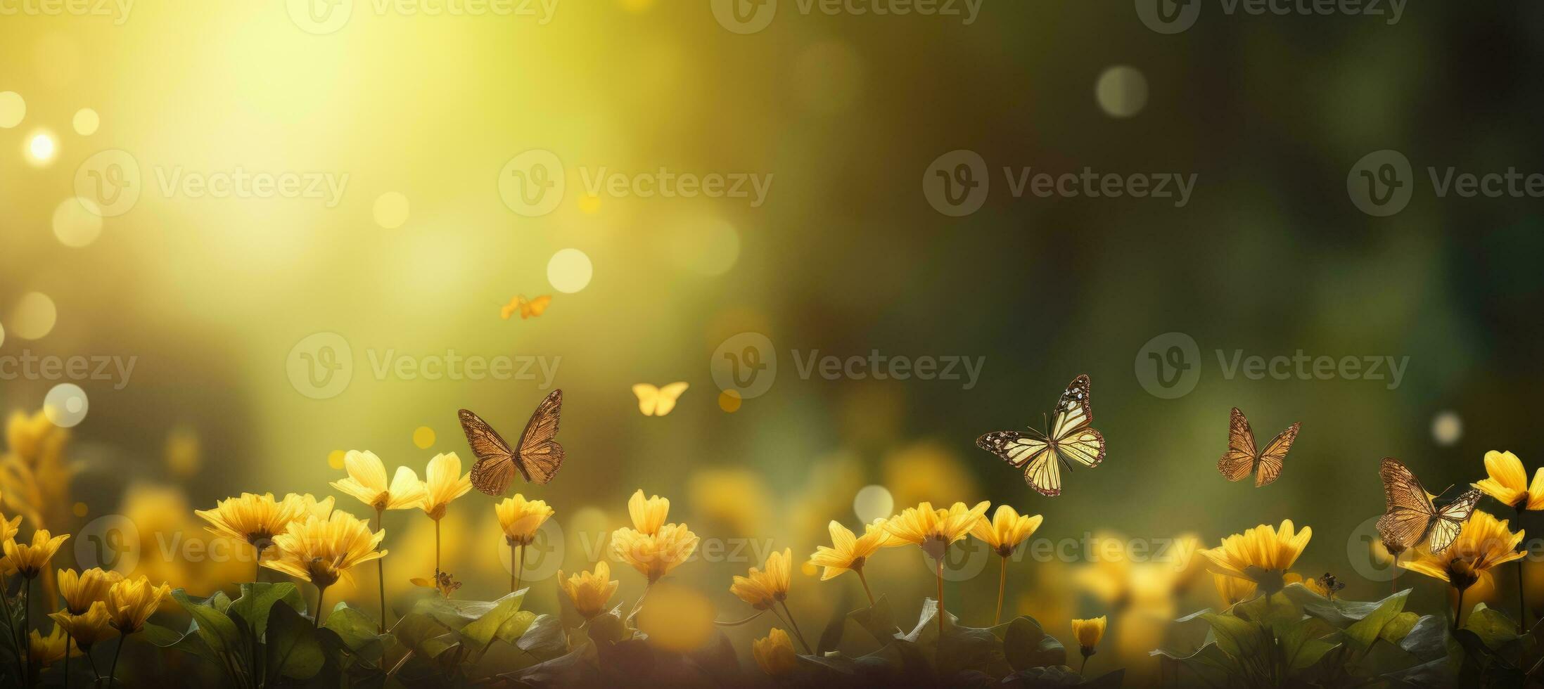 AI generated Floral meadow with butterflies   serene nature landscape with blurred background and text space photo