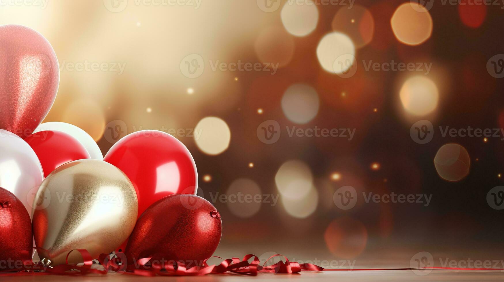 AI generated Festive background with golden and white metallic balloons, confetti, and ribbons for celebrations photo