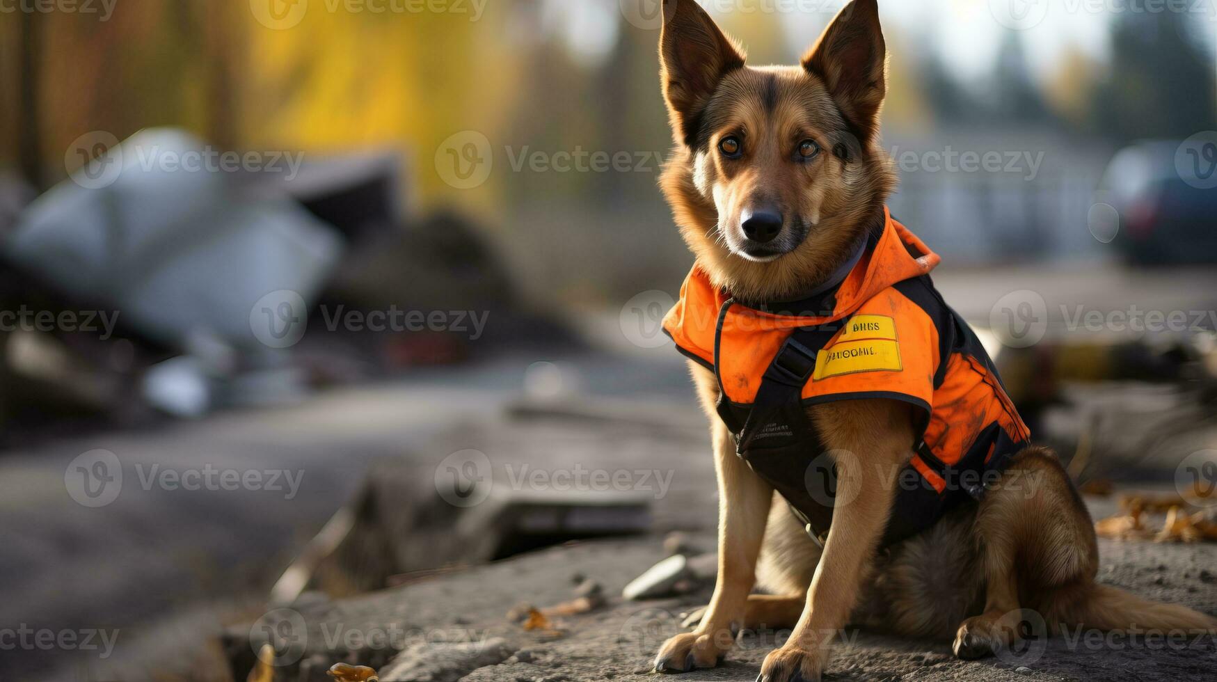 AI generated Rescue dog in signal vest on ruins of destroyed building with copy space for text placement photo