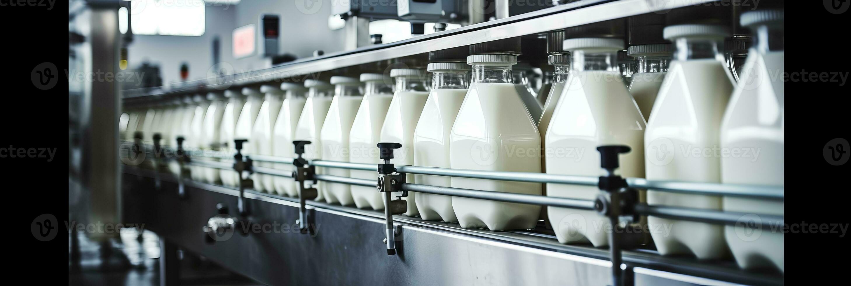 AI generated Automated machinery filling milk and yogurt into plastic bottles at a modern dairy plant. photo