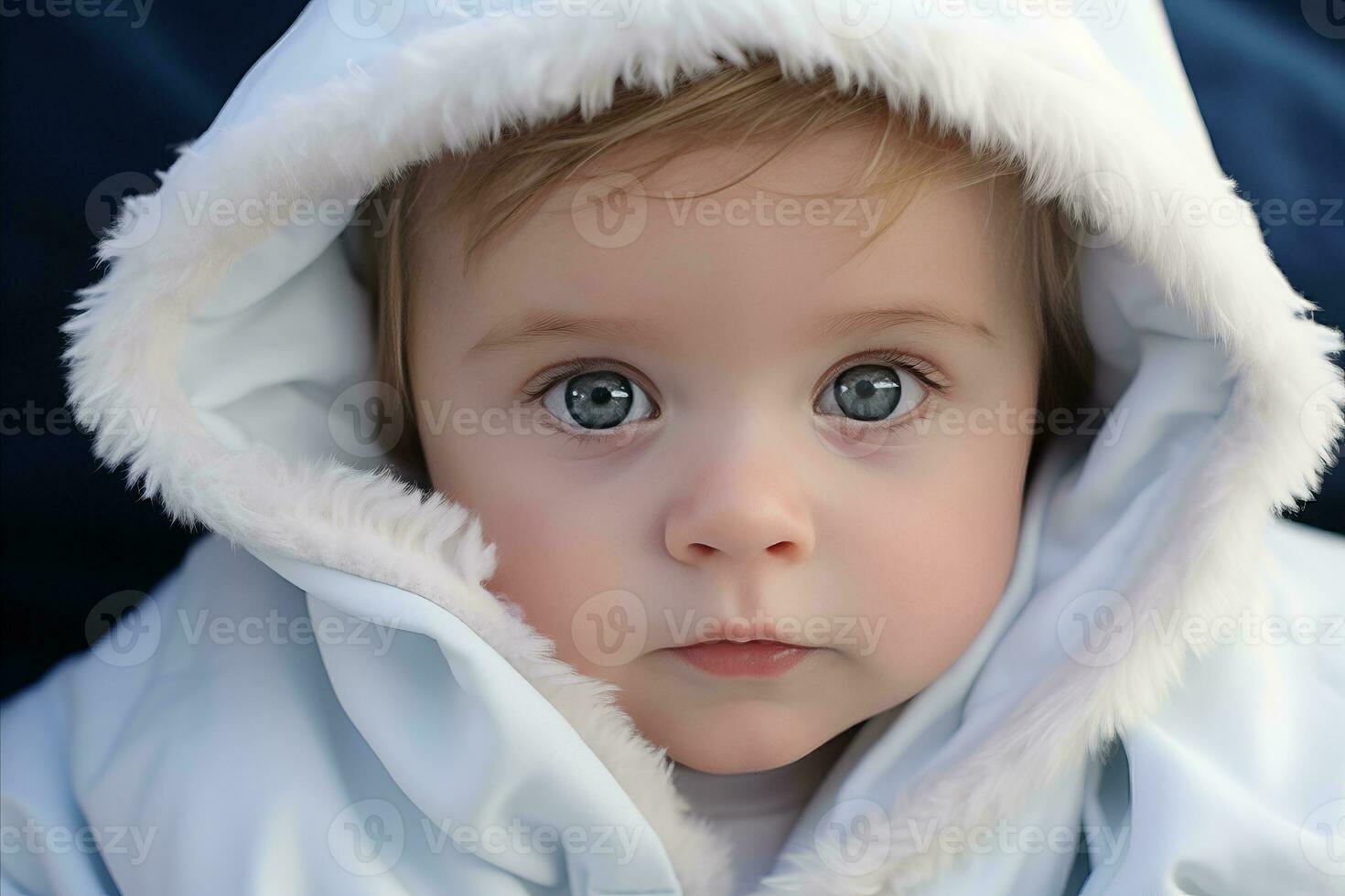 AI generated Curious blue eyed toddler peeks from under cozy white blanket with text space, creating a cute scene photo