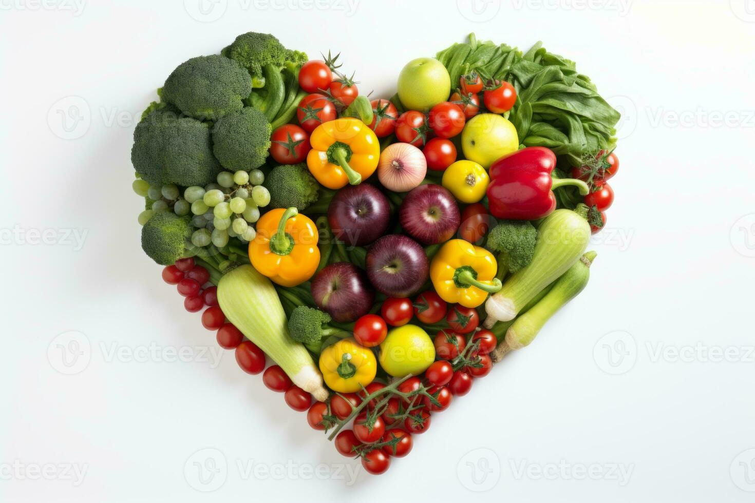 AI generated Colorful heart shaped fruit and vegetable arrangement on white background, top view perspective photo