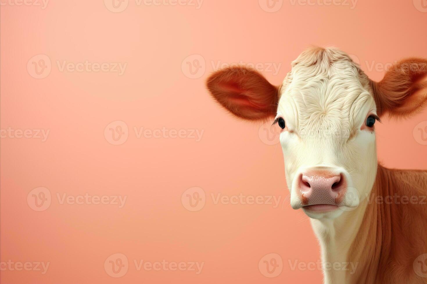 AI generated Happy dairy cattle in stylish pose on solid pastel background with copy space for text placement photo
