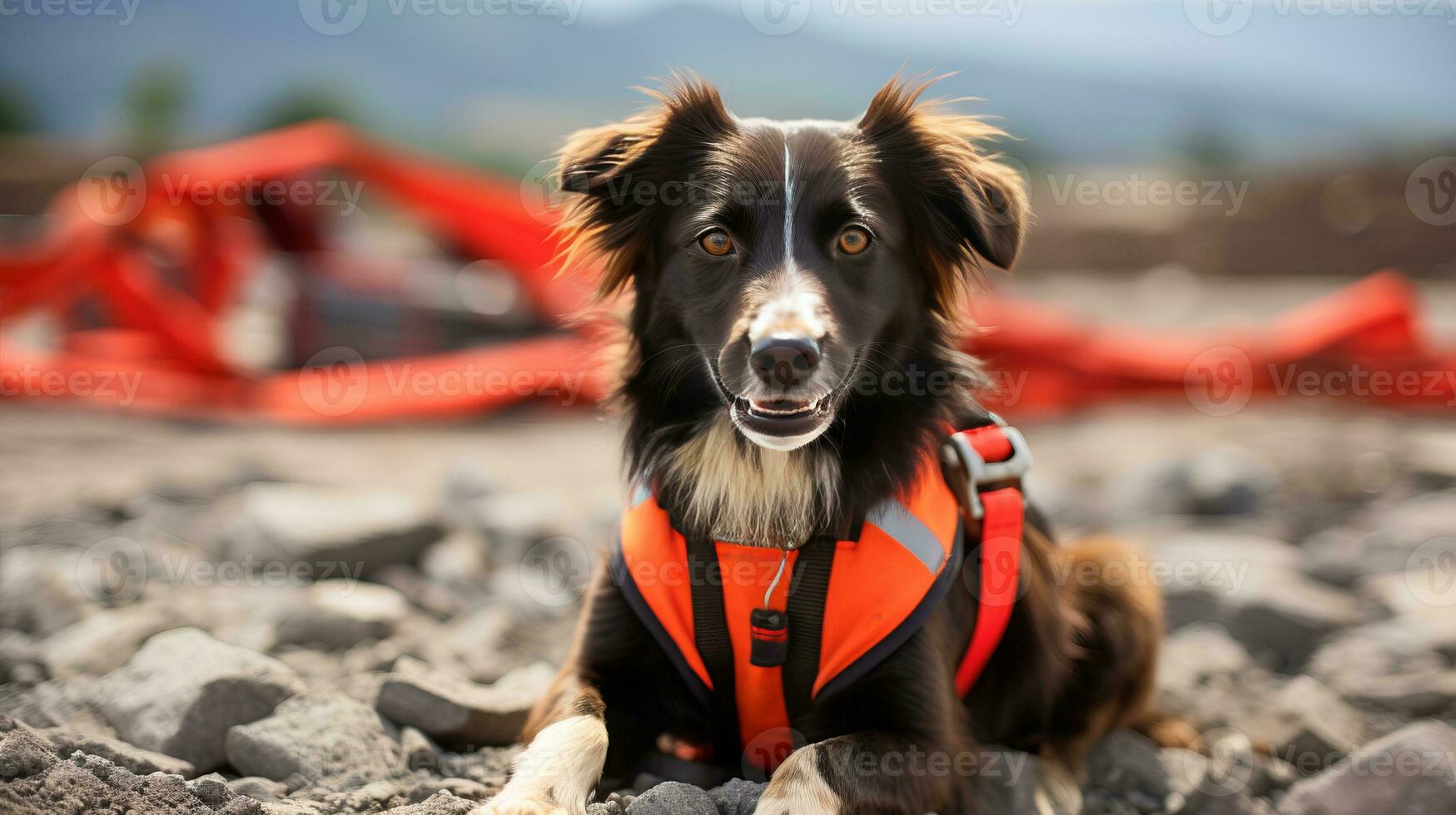 AI generated Dedicated search and rescue dog in signal vest on building ruins with text space for placement photo