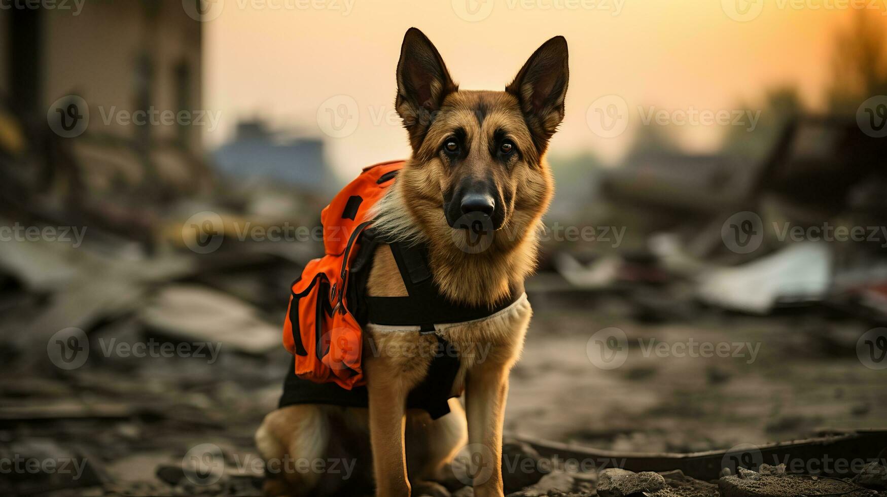 AI generated Search and rescue dog in signal vest exploring building ruins with blurred background and copy space photo