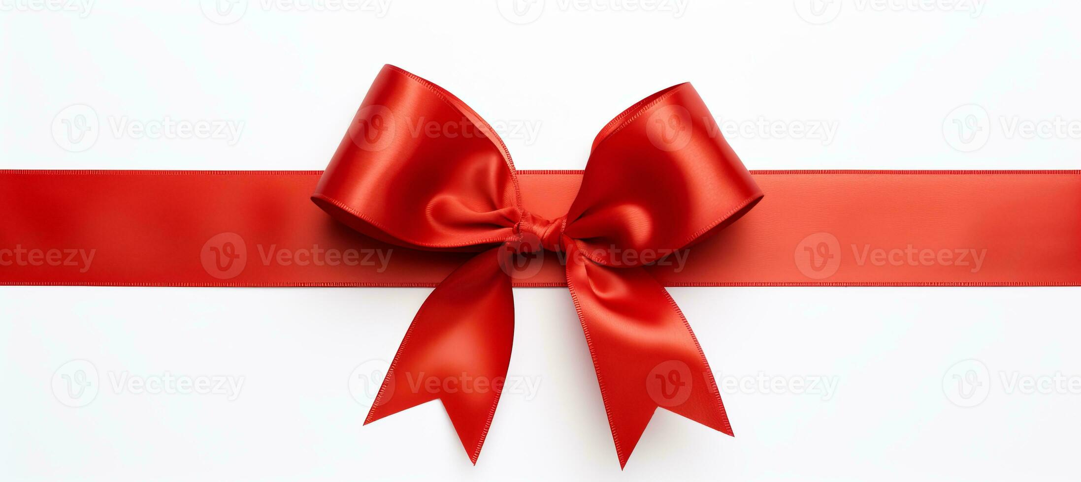AI generated Red ribbon bow with straight border for holiday banner, isolated on white background with text space photo