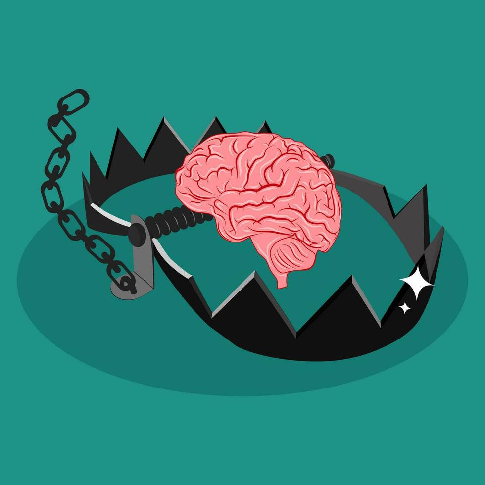 The brain is trapped. The brain is in a trap. Unthinkable. vector illustration