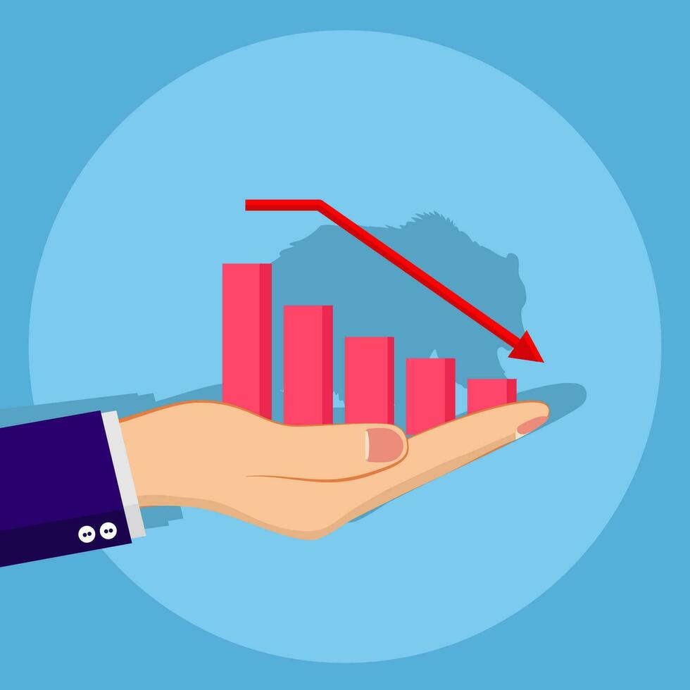 Businessman hands and the bear market. downward trend graph. Stock market trend down. Vector