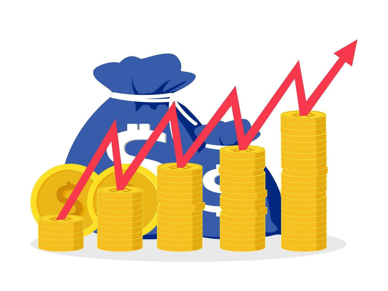 Stack of coins and money bags and arrows to grow. Business concept vector