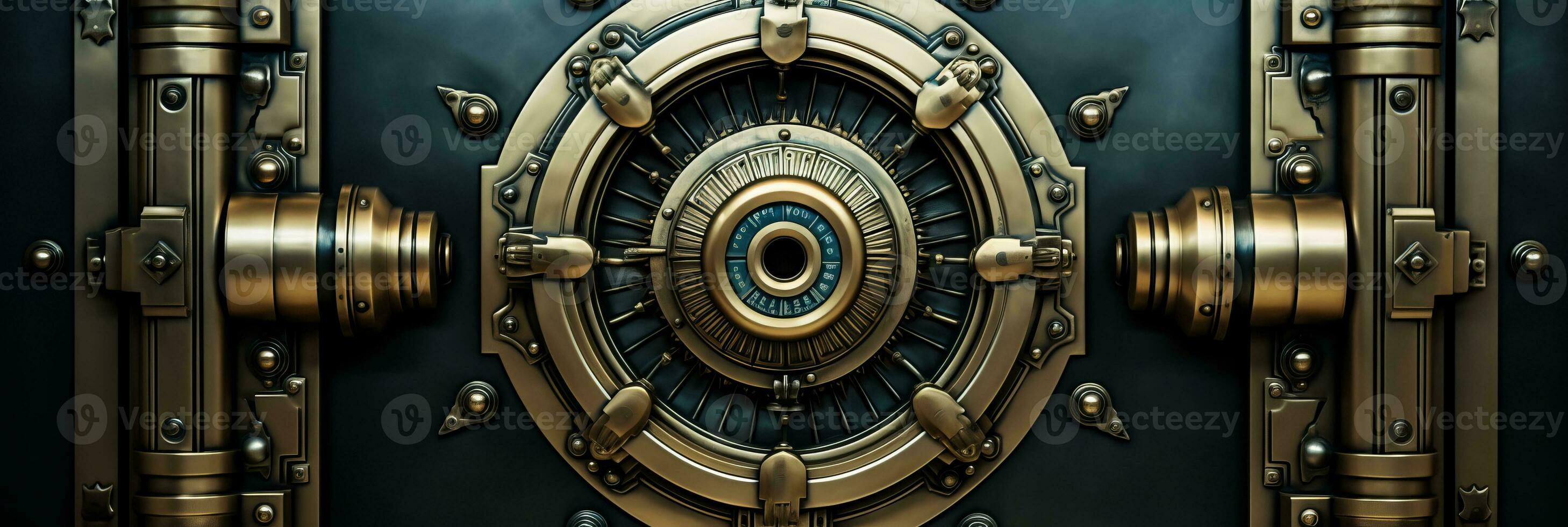 AI generated Closed door of old security safe box   front view of bank vault door for background or wallpaper use photo