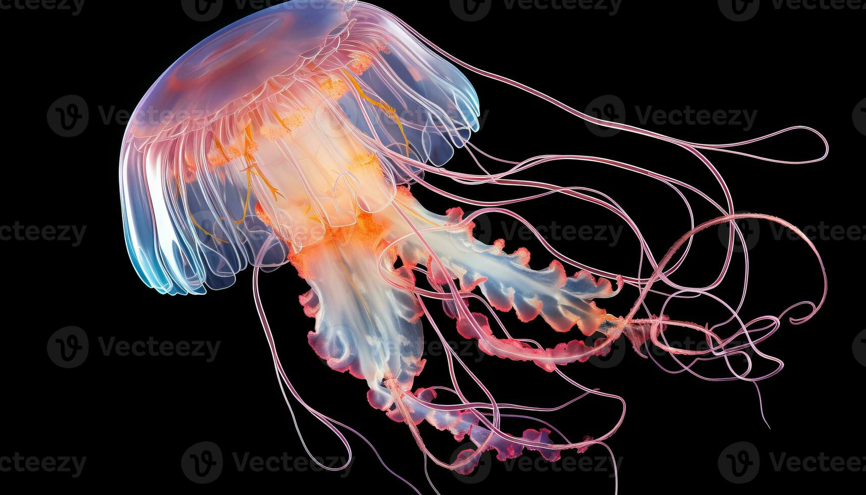 AI generated Vibrant orange bell jellyfish gracefully floating in the crystal clear waters of the ocean photo