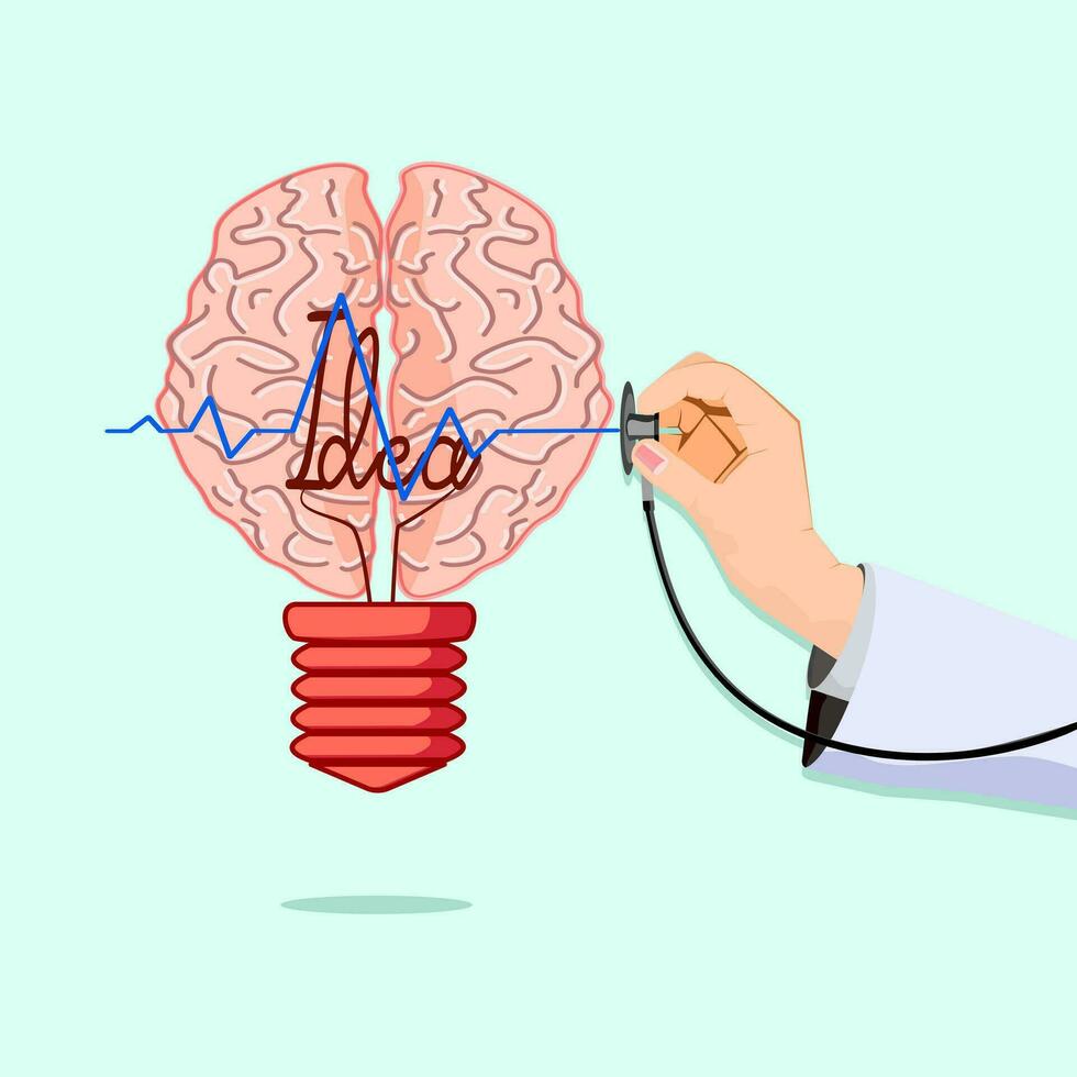 cerebro bulbo y el médico es comprobación el idea. inteligencia medición.vector ilustración vector