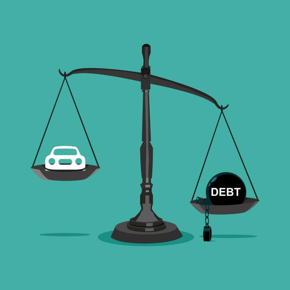 Debt and car scales on the idea that there is not enough money for car debt. Vector