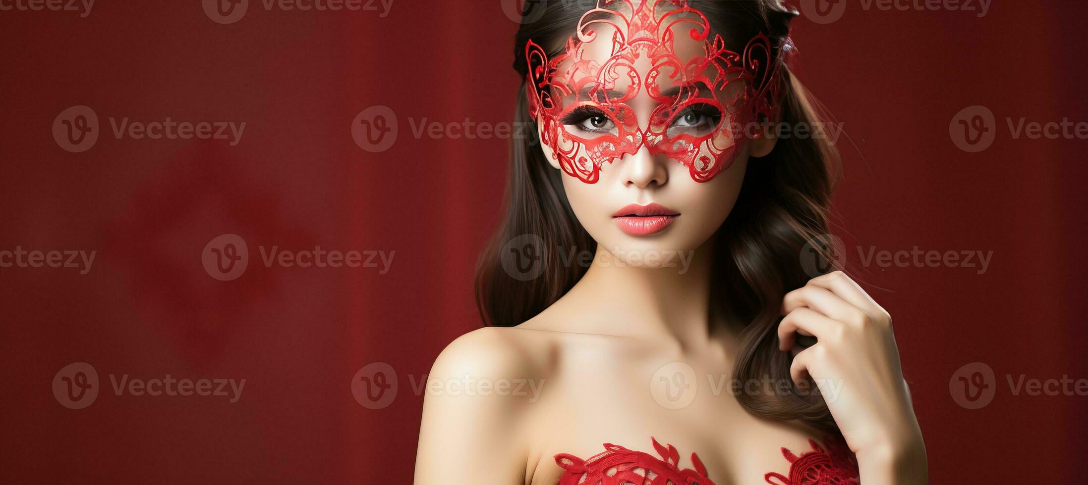 AI generated Colorful carnival mask on solid background with ample text space and a stylish woman wearing it photo