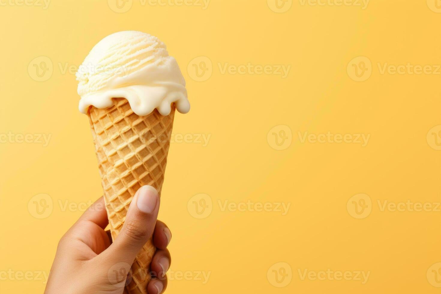 AI generated Hand holding vanilla milk ice cream cone on pastel background, a delightful summer treat photo
