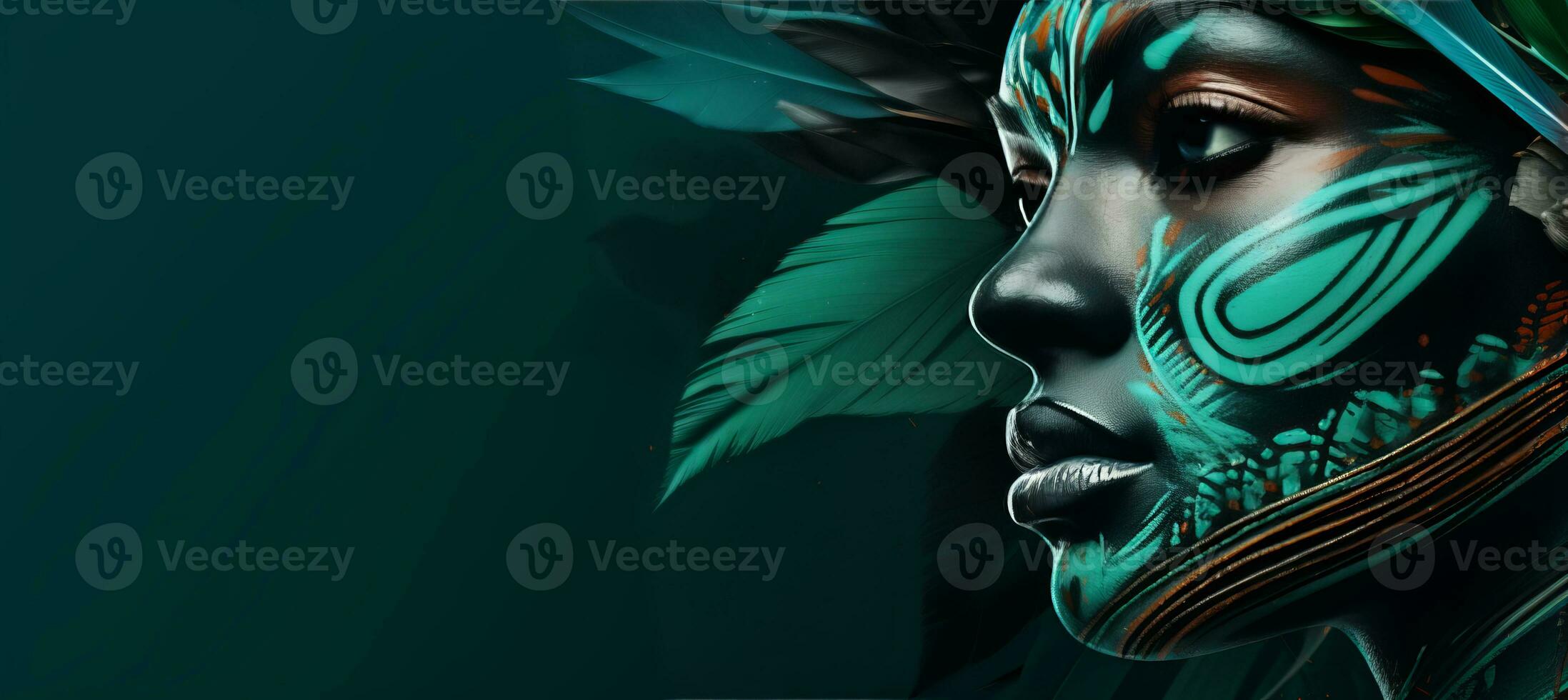 AI generated Vibrant brazilian carnival costume on colorful studio background with copy space for text placement photo