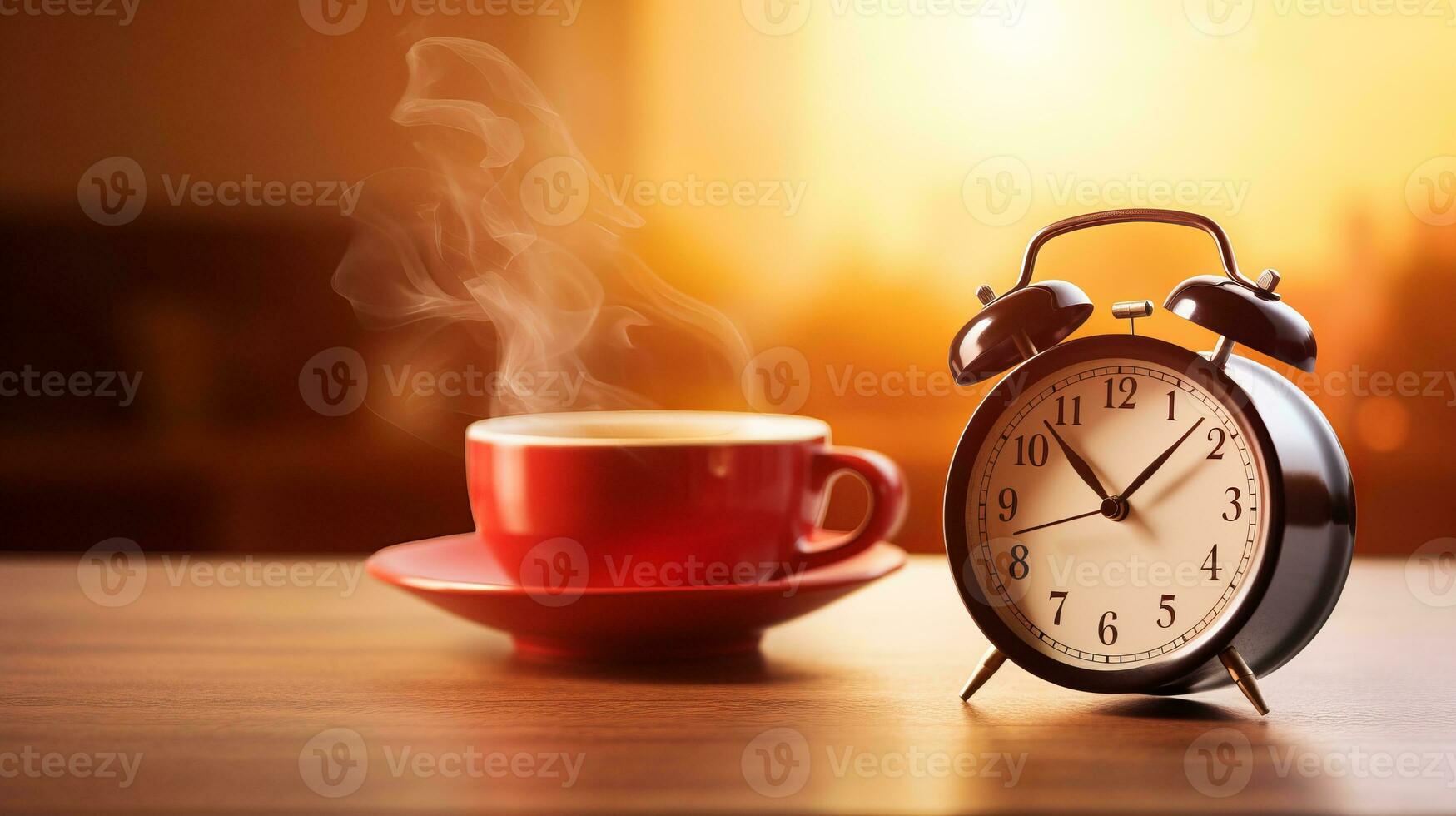 AI generated Serene early morning atmosphere with alarm clock and coffee on table, perfect for text placement photo