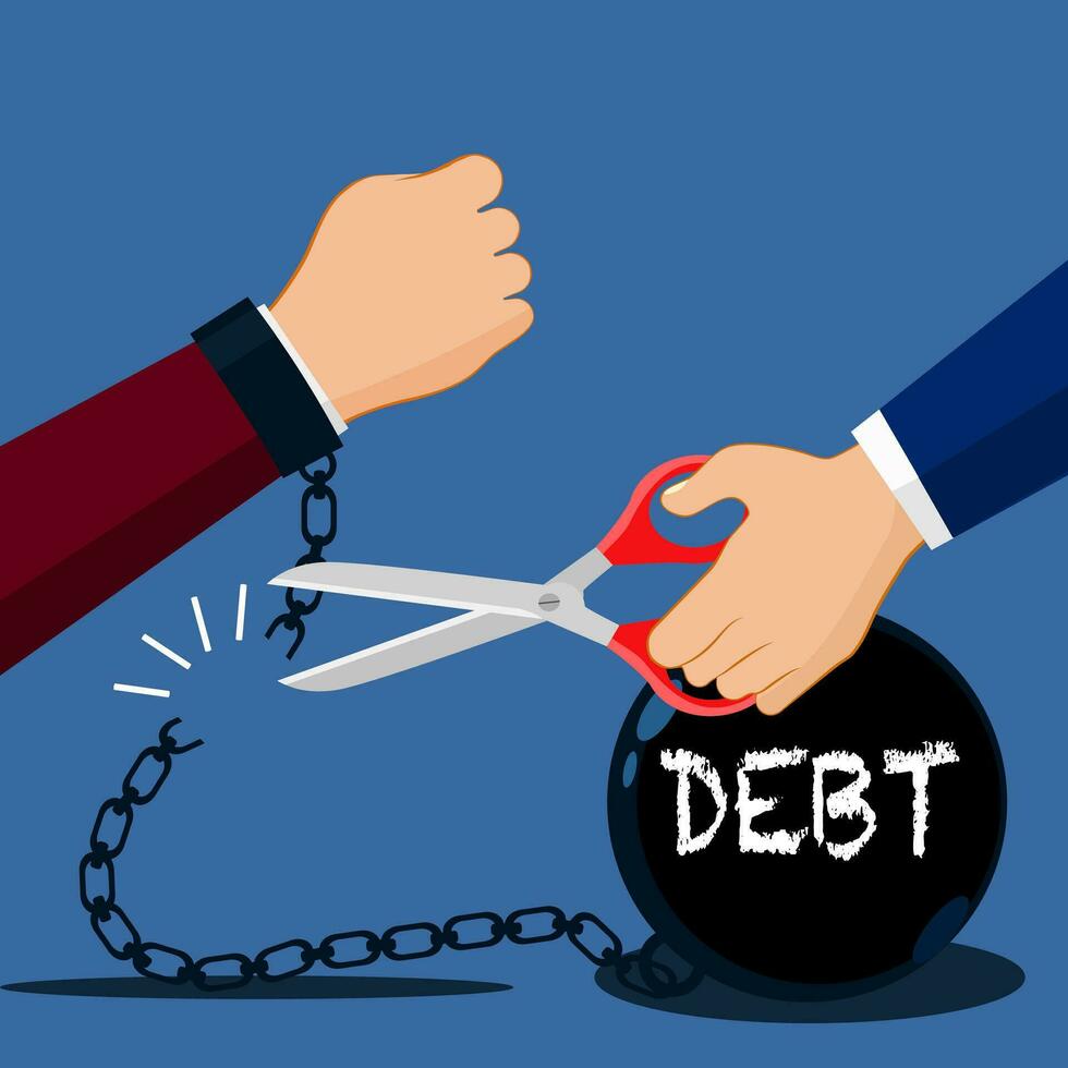 businessman cut the chain and free himself from debt metal ball. Financial freedom concept vector