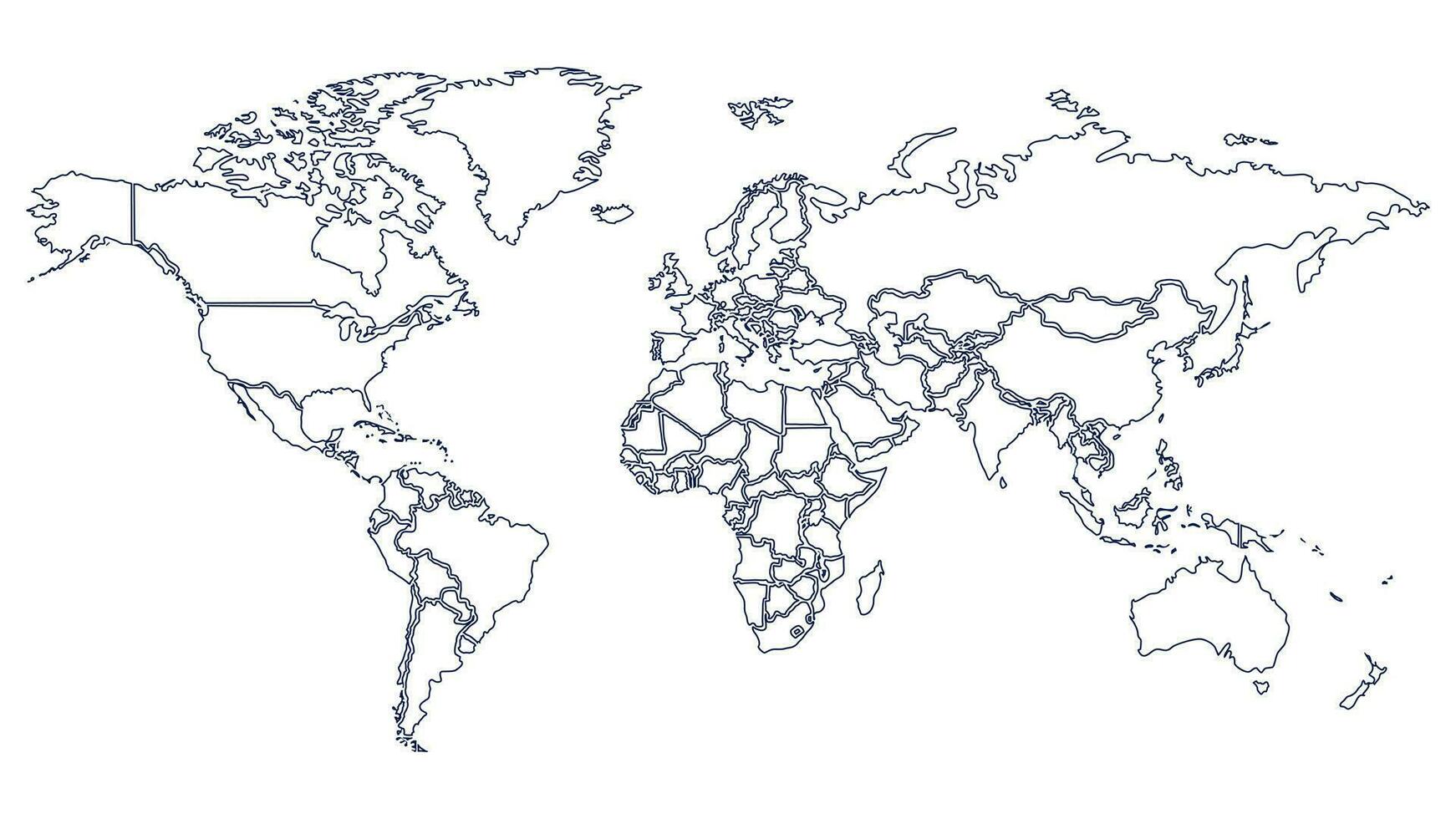 World map with country borders. thin blue outline on white background. Vector Illustration