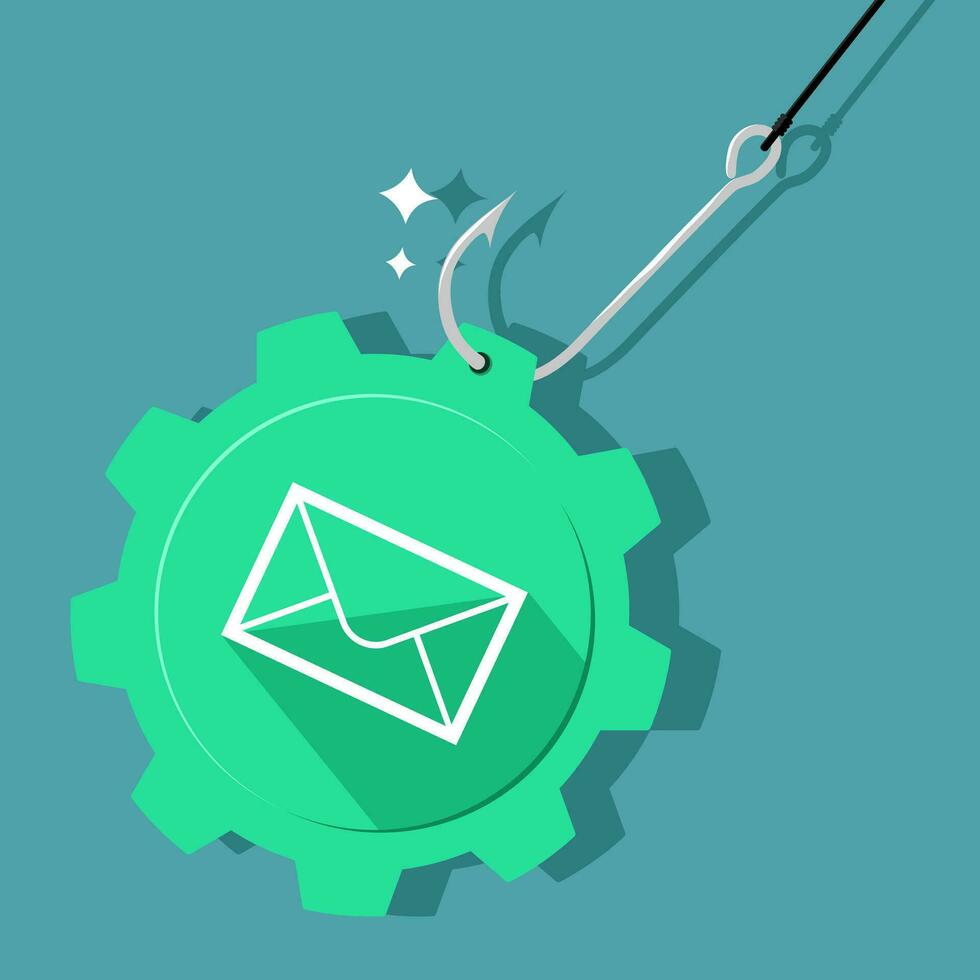 email icon and fishing hook. Fishing by email. Cyber thief. Vector illustration