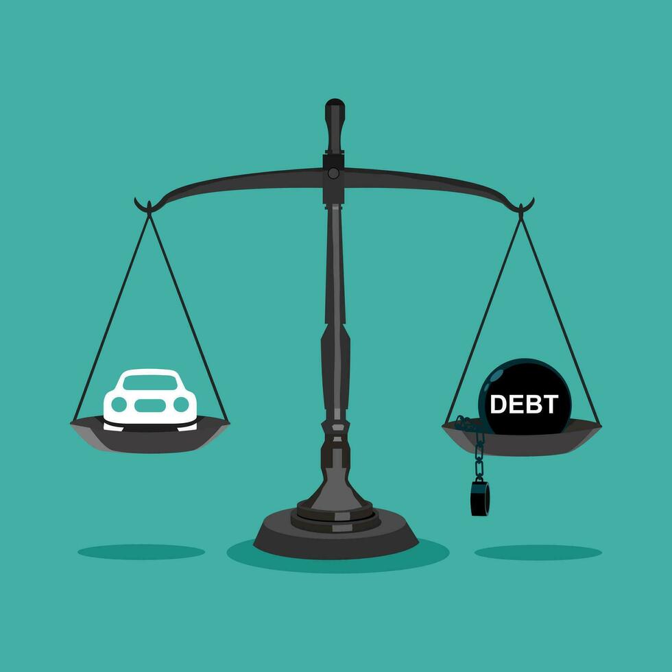 Cars and liabilities are equal in scales. The concept of having car loans. Vector illustration