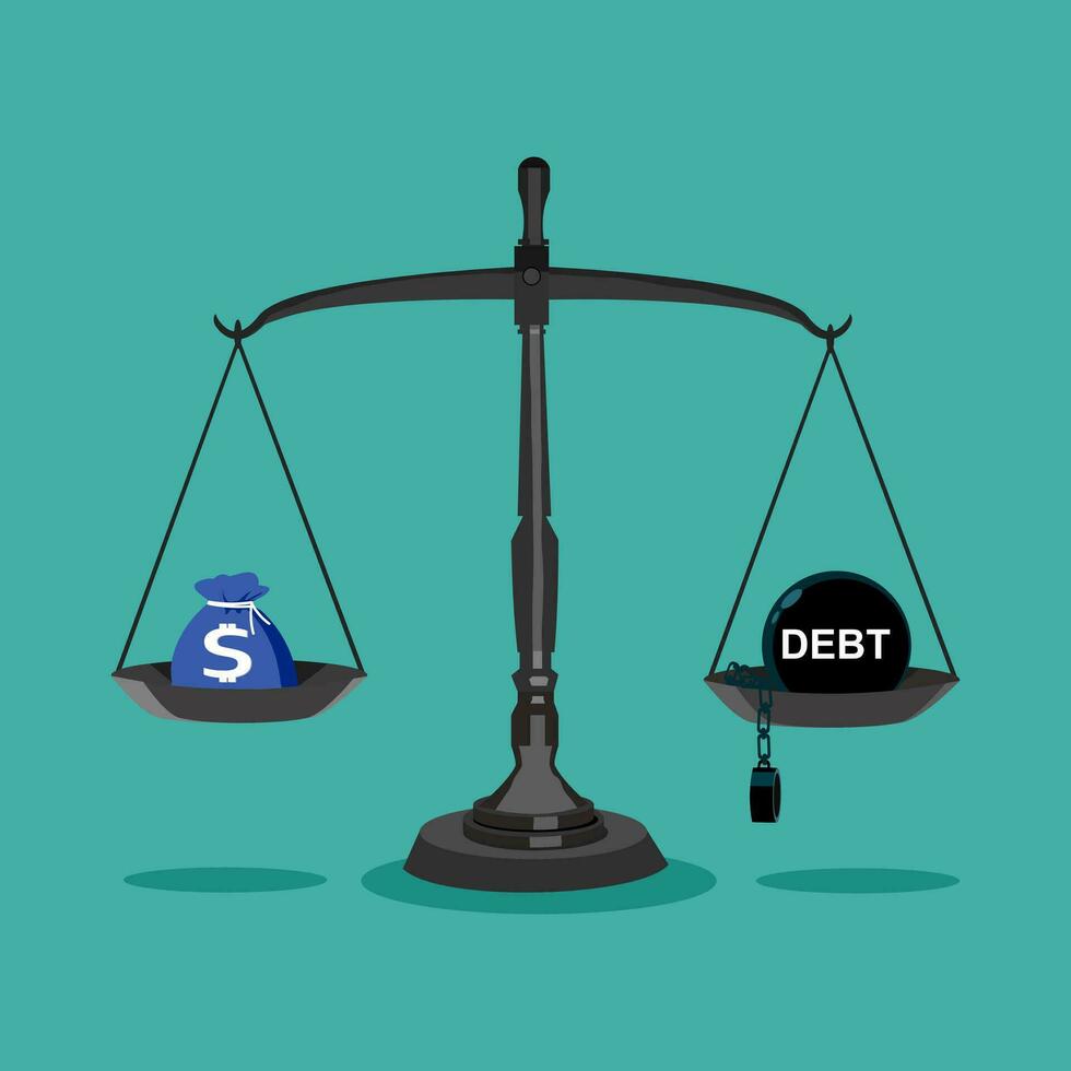 money bag and debt on the scales. The concept of having money equal to debt. vector illustration