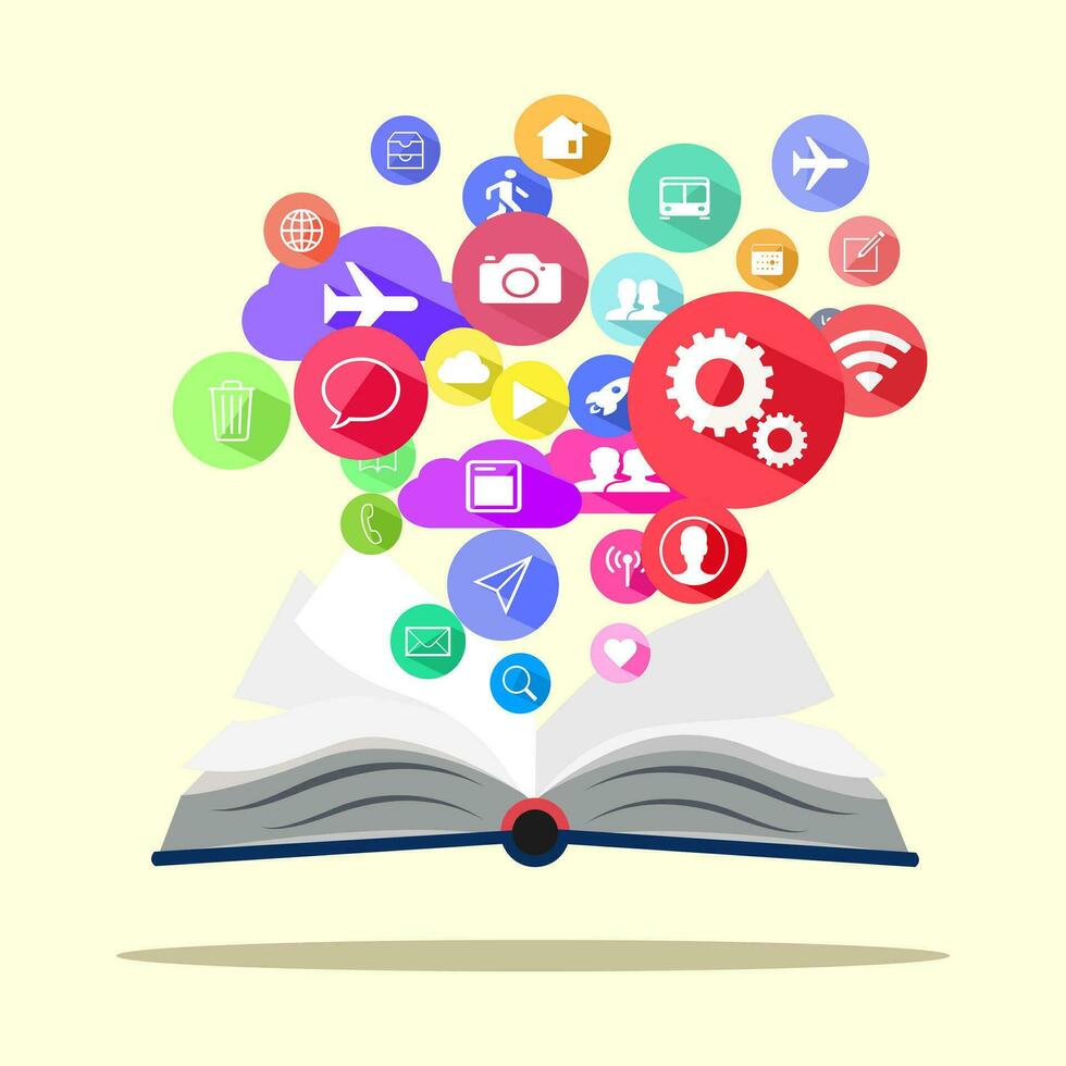 Open book and icons of communication.The concept of modern education.illustration vector