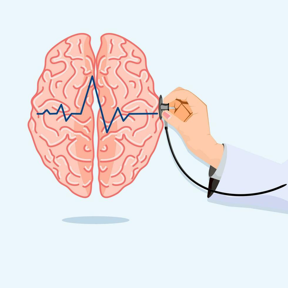 The brain and the hand of the doctor are examining the brain. Health care. Vector