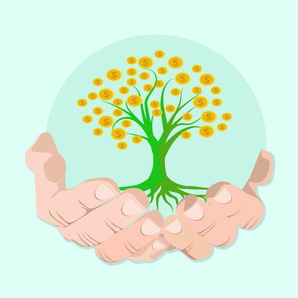 The hand of the person who holds the money tree of wealth. Financial success concepts vector