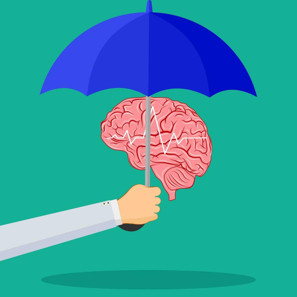Umbrella and the brain. The concept of brain protection and intelligence health care. Protect mental health vector
