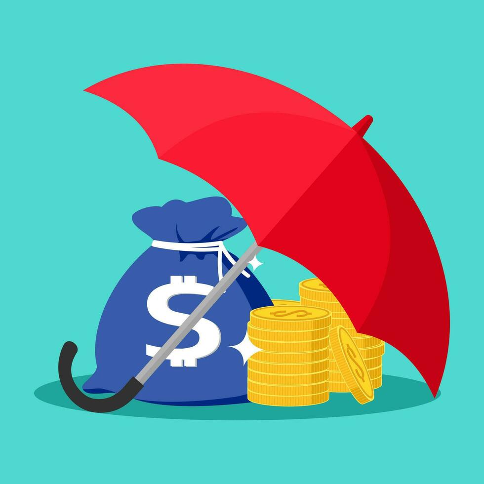 Umbrella as a shield to protect the gold coins. Protection money concept. Safe and secure. vector