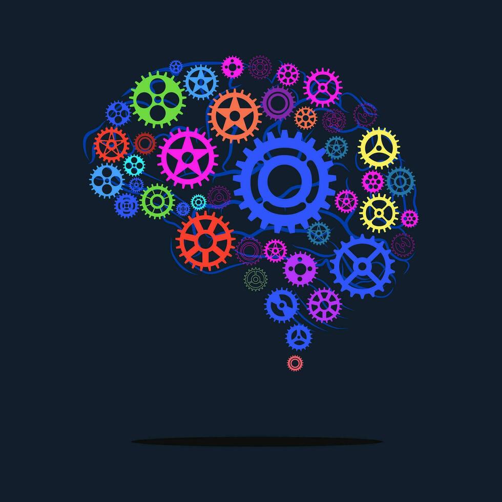 brain gears and wheels. Vector flat illustration for technology or innovation. Creative mind pictogram