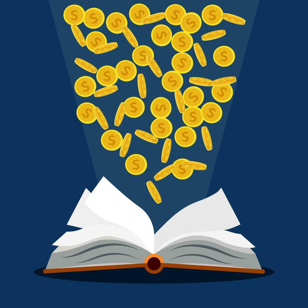 Open book and coins.Concept book to make money.Vector vector