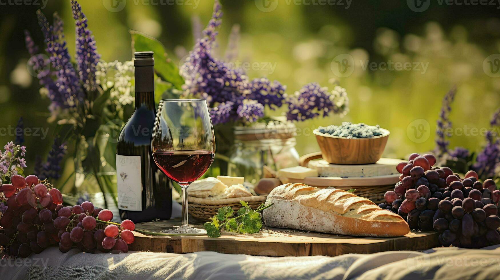 AI generated baguette wine picnic food photo