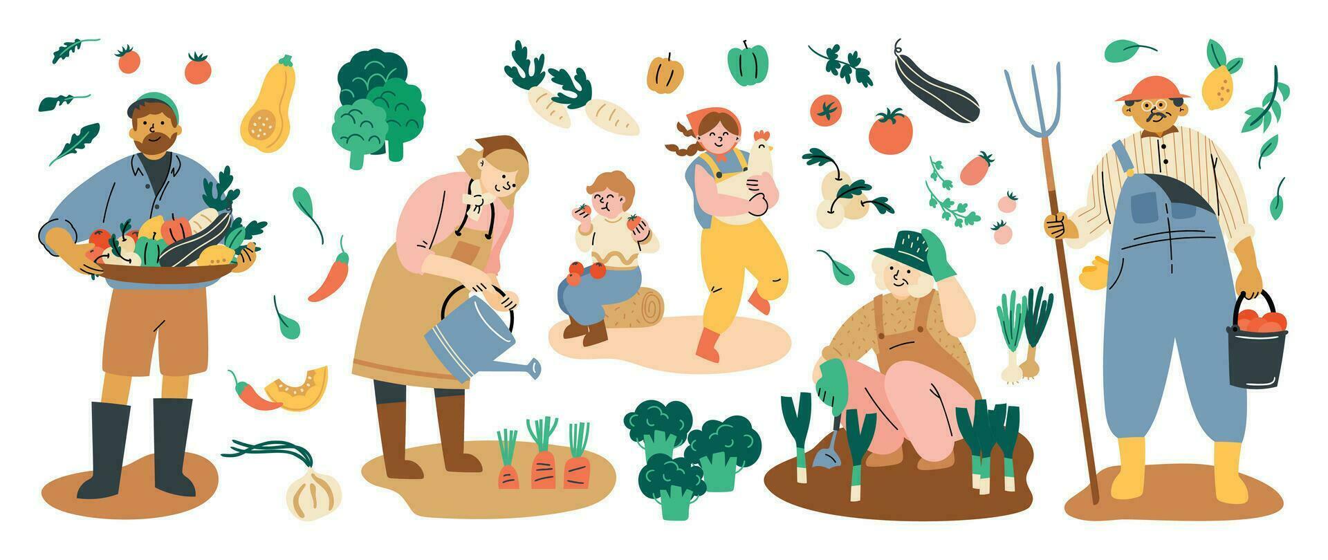 Eat local vector illustration set. Organic farming with people farmers doing farming job, planting, local organic production, Fruits and vegetables, agriculture and gardening, modern farmers market.