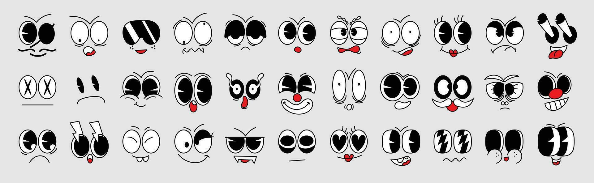 Set of 70s groovy comic faces vector. Collection of cartoon character faces, in different emotions, happy, angry, sad, cheerful. Cute retro groovy hippie illustration for decorative, sticker. vector