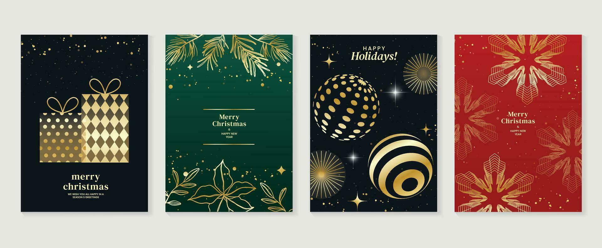 Luxury christmas invitation card art deco design vector. Christmas bauble ball, foliage, gift, firework line art on green, red and dark background. Design illustration for cover, poster, wallpaper. vector